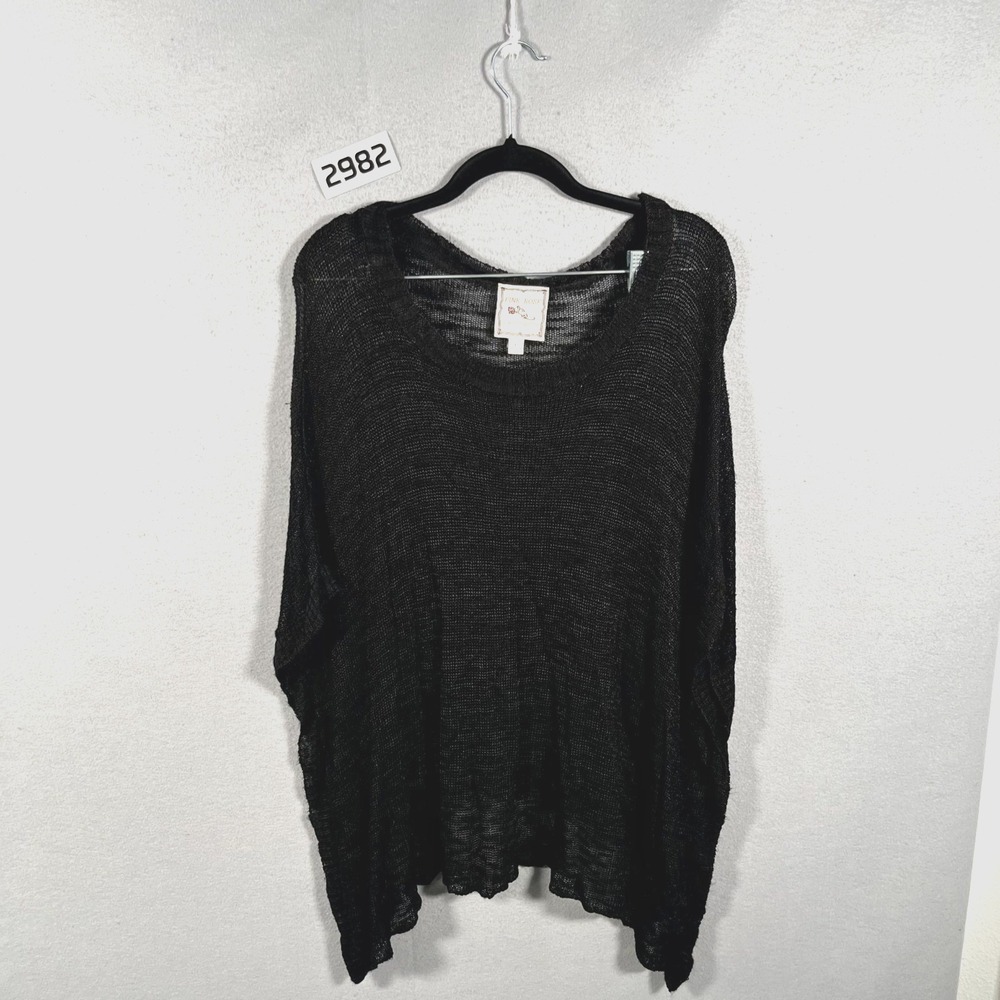 Vintage Made in USA Pink Rose Poncho Sweater Womens Large Black Rayon Open Knit
